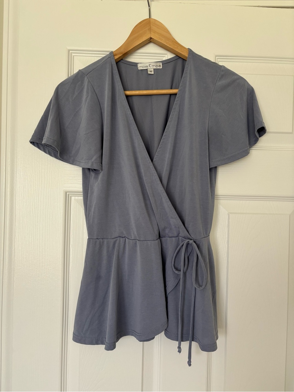 Moa Moa Slate Blue Wrap Short Sleeve Tie Waist Top